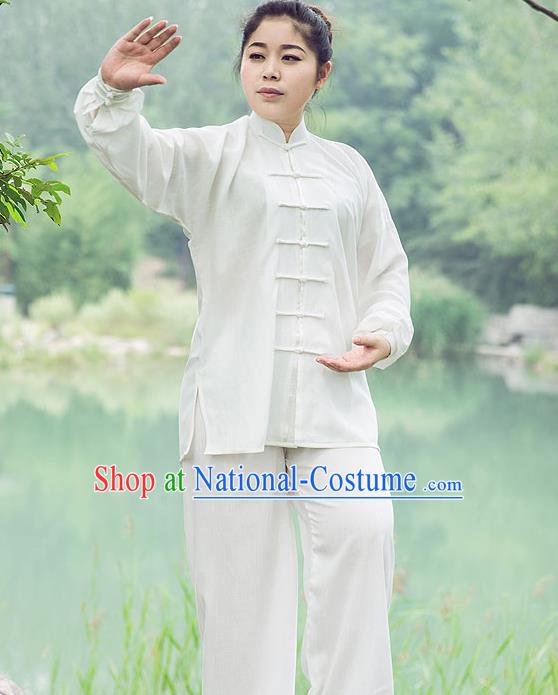 Traditional Chinese Top Linen Kung Fu Costume Martial Arts Kung Fu Training White Uniform, Tang Suit Gongfu Shaolin Wushu Clothing, Tai Chi Taiji Teacher Suits Uniforms for Women