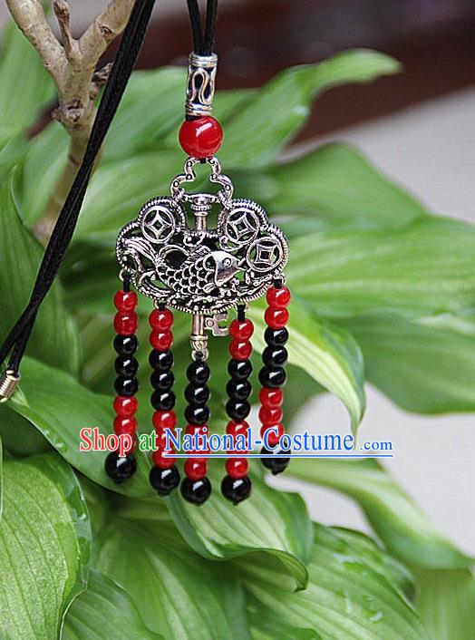 Traditional Chinese Miao Nationality Crafts Jewelry Accessory, Hmong Handmade Miao Silver Beads Tassel Longevity Lock Pendant, Miao Ethnic Minority Necklace Accessories Sweater Chain Pendant for Women