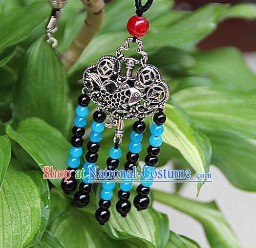 Traditional Chinese Miao Nationality Crafts Jewelry Accessory, Hmong Handmade Miao Silver Beads Tassel Longevity Lock Pendant, Miao Ethnic Minority Necklace Accessories Sweater Chain Pendant for Women