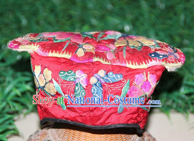 Traditional Chinese Miao Nationality Crafts Hmong Handmade Children Embroidery Butterfly Coronet Tiger Headwear, Miao Ethnic Minority Exorcise Evil Tiger Hat for Kids