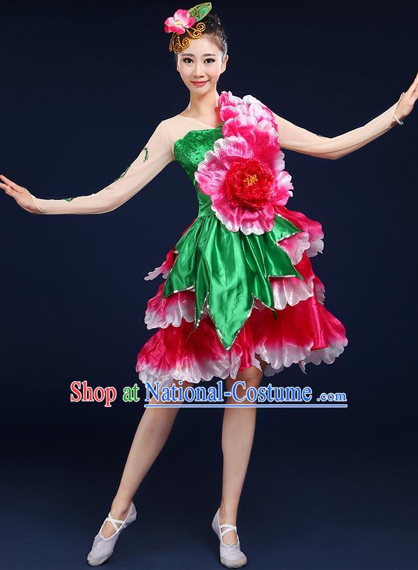 Traditional Chinese Modern Dancing Compere Costume, Women Opening Classic Chorus Singing Group Dance Flowers Peony Bubble Uniforms, Modern Dance Classic Dance Short Dress for Women