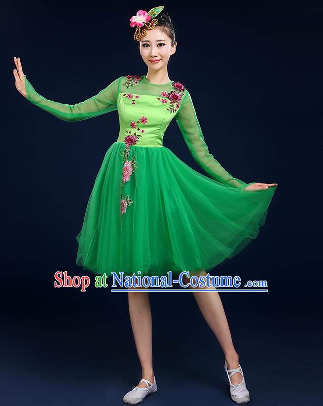 Traditional Chinese Modern Dancing Compere Costume, Women Opening Classic Dance Chorus Singing Group Bubble Uniforms, Modern Dance Classic Dance Big Swing Green Short Dress for Women