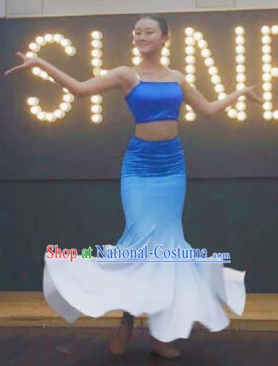 Traditional Chinese Dai Nationality Peacock Dancing Costume, Folk Dance Ethnic Fishtail Dress, Chinese Minority Nationality Dancing Blue Clothing for Women