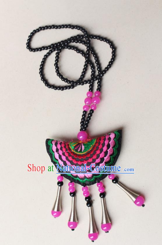 Traditional Chinese Miao Nationality Crafts Jewelry Accessory, Hmong Handmade Pink Beads Tassel Double Side Embroidery Fan Pendant, Miao Ethnic Minority Necklace Accessories Sweater Chain Pendant for Women