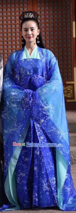 Traditional Ancient Chinese Imperial Empress Costume, Elegant Hanfu Western Wei Dynasty Clothing, Chinese Northern Dynasties Imperial Queen Embroidered Tailing Blue Clothing for Women