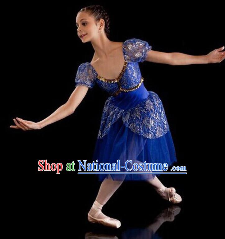 Traditional Modern Dancing Compere Costume, Female Opening Classic Chorus Singing Group Dance Bubble Dress Tu Tu Dancewear, Modern Dance Classic Ballet Dance Blue Veil Dress for Women