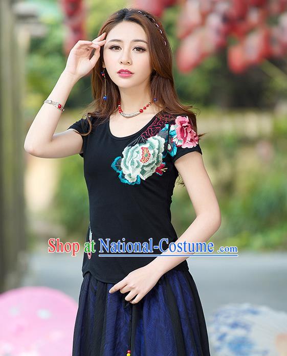 Traditional Ancient Chinese National Costume, Elegant Hanfu Round Collar T-Shirt, China Tang Suit Embroidered Peony Black Blouse Cheongsam Upper Outer Garment Shirts Clothing for Women