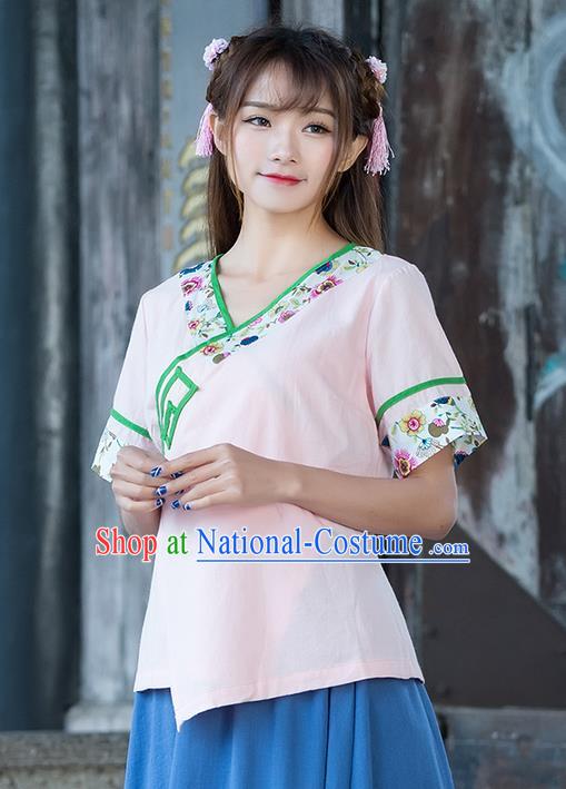 Traditional Ancient Chinese National Costume, Elegant Hanfu Embroidered Slant Opening Pink Shirt, China Ming Dynasty Tang Suit Blouse Cheongsam Qipao Shirts Clothing for Women