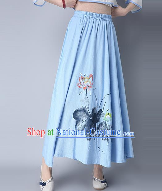 Traditional Ancient Chinese National Pleated Skirt Costume, Elegant Hanfu Hand Painting Lotus Flowers Long Blue Skirt, China Tang Suit Bust Skirt for Women
