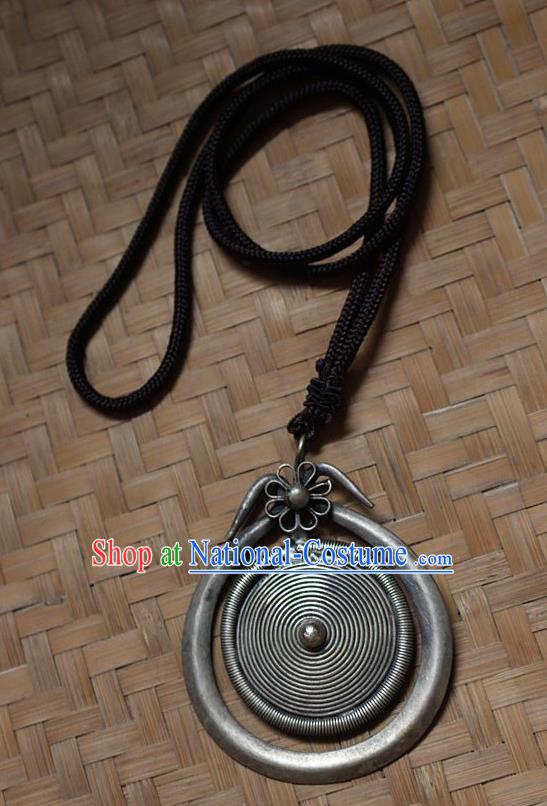 Traditional Chinese Miao Nationality Crafts Jewelry Accessory, Hmong Handmade Miao Silver Pendant, Miao Ethnic Minority Necklace Accessories Sweater Chain Pendant for Women