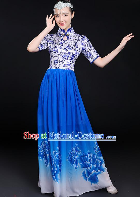Traditional Chinese Modern Dancing Compere Costume, Women Opening Classic Chorus Singing Group Dance Uniforms, Modern Dance Classic Dance Big Swing Blue Cheongsam Dress for Women