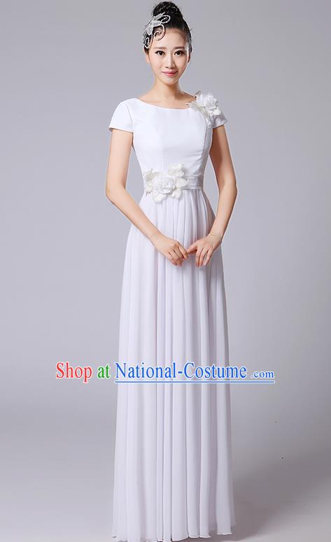 Traditional Chinese Modern Dancing Compere Costume, Women Opening Classic Chorus Singing Group Dance Uniforms, Modern Dance Classic Dance Big Swing Long White Full Dress for Women
