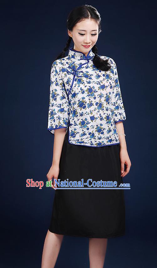 Traditional Chinese Style Modern Dancing Compere Costume, Women Chorus Singing Group Opening Classic Dance Republic of China Students Blue Flowers Uniforms, Modern Dance Cheongsam Blouse Dress for Women