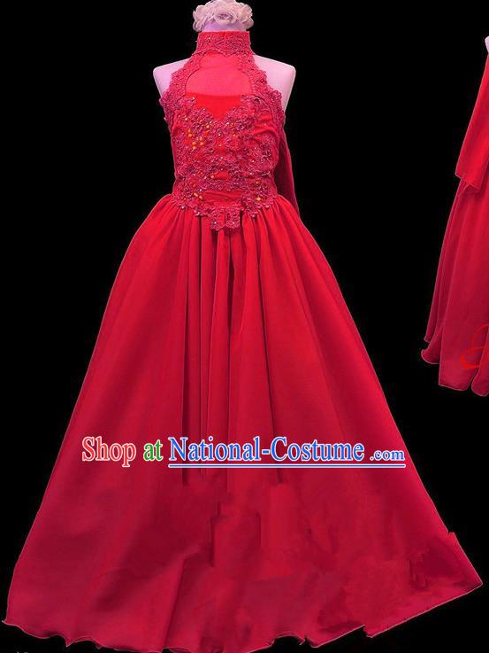 Traditional Chinese Modern Dancing Compere Performance Costume, Children Opening Classic Chorus Singing Group Dance Princess Red Long Full Dress, Modern Dance Halloween Party Dress for Girls Kids