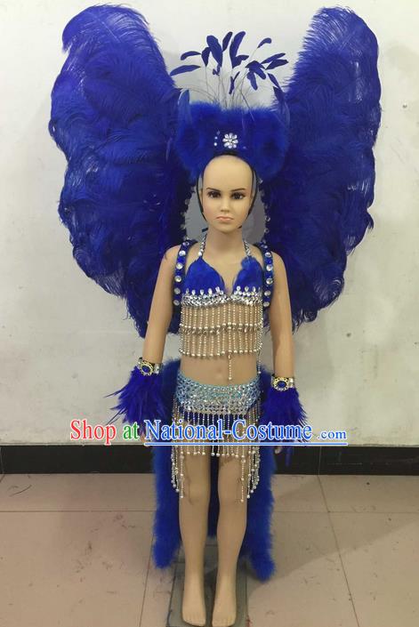 Top Grade Compere Professional Performance Catwalks Swimsuit Costume, Children Chorus Customize Blue Feather Full Dress with Wings Modern Dance Baby Princess Modern Fancywork Long Trailing Clothing for Girls Kids