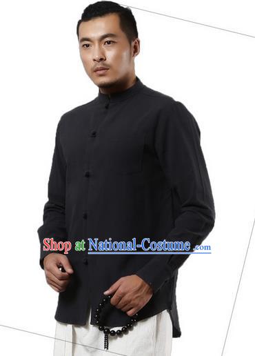 Traditional Chinese Kung Fu Costume Martial Arts Linen Plated Buttons Shirts Pulian Clothing, China Tang Suit Tai Chi Stand Collar Overshirt Deep Grey Upper Outer Garment for Men