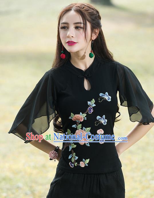 Traditional Chinese National Costume, Elegant Hanfu Embroidery Flowers Mandarin Sleeve Black T-Shirt, China Tang Suit Republic of China Plated Buttons Chirpaur Blouse Cheong-sam Upper Outer Garment Qipao Shirts Clothing for Women