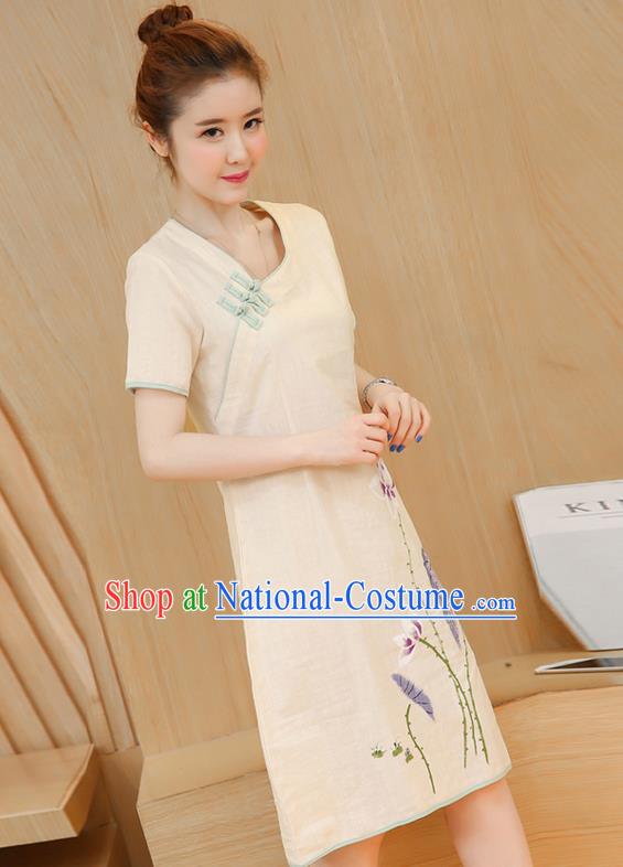 Traditional Ancient Chinese National Costume, Elegant Hanfu Mandarin Qipao Linen Hand Painting Beige Dress, China Tang Suit Chirpaur Elegant Dress Clothing for Women