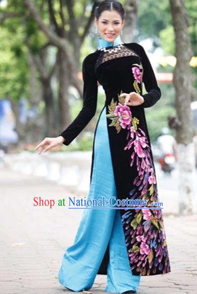 Traditional Top Grade Asian Vietnamese Costumes Handmade Embroidery Full Dress, Vietnam National Ao Dai Dress Qipao for Women