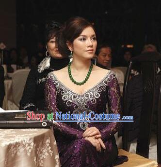 Traditional Top Grade Asian Vietnamese Costumes Classical Purple Full Dress, Vietnam National Ao Dai Dress Catwalks Dowager Beading Qipao for Women