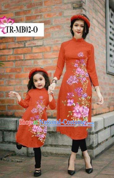 Traditional Top Grade Asian Vietnamese Costumes Classical Printing Cheongsam, Vietnam National Ao Dai Dress Parent-child Orange Full Dress for Women for Kids
