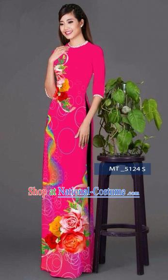Traditional Top Grade Asian Vietnamese Costumes Classical Princess Printing Cheongsam, Vietnam National Ao Dai Dress Rosy Full Dress for Women