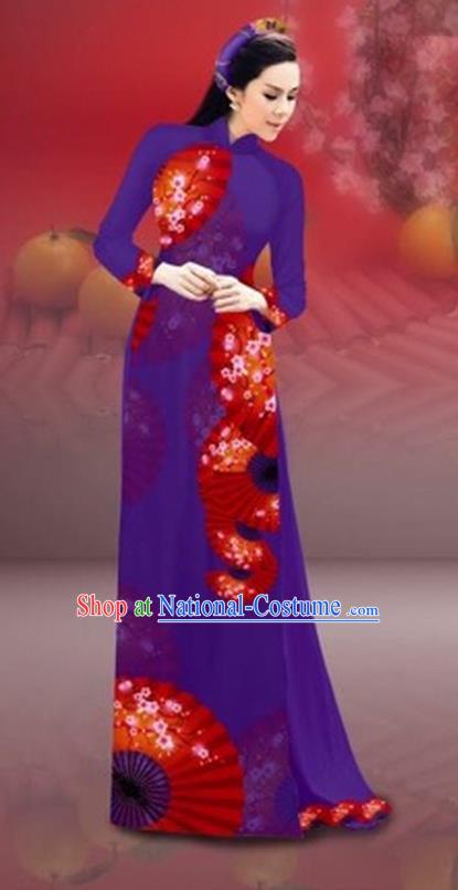 Traditional Top Grade Asian Vietnamese Costumes Classical New Year Printing Cheongsam, Vietnam National Purple Ao Dai Dress for Women