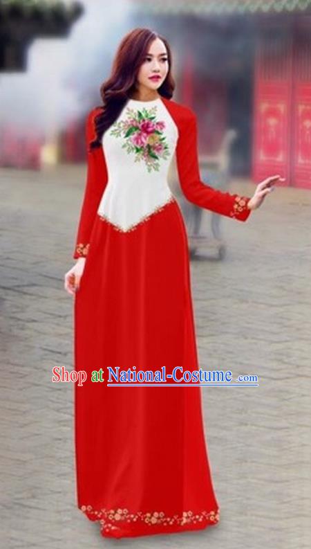Traditional Top Grade Asian Vietnamese Costumes Classical Color Matching Cheongsam, Vietnam National Ao Dai Dress Printing Red Full Dress for Women