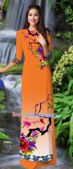 Traditional Top Grade Asian Vietnamese Costumes Classical Orange Cheongsam, Vietnam National Printing Ao Dai Dress for Women