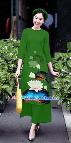 Traditional Top Grade Asian Vietnamese Costumes Classical 3D Printing Flowers Cheongsam Dance Clothing, Vietnam National Vietnamese Green Ao Dai Dress for Women