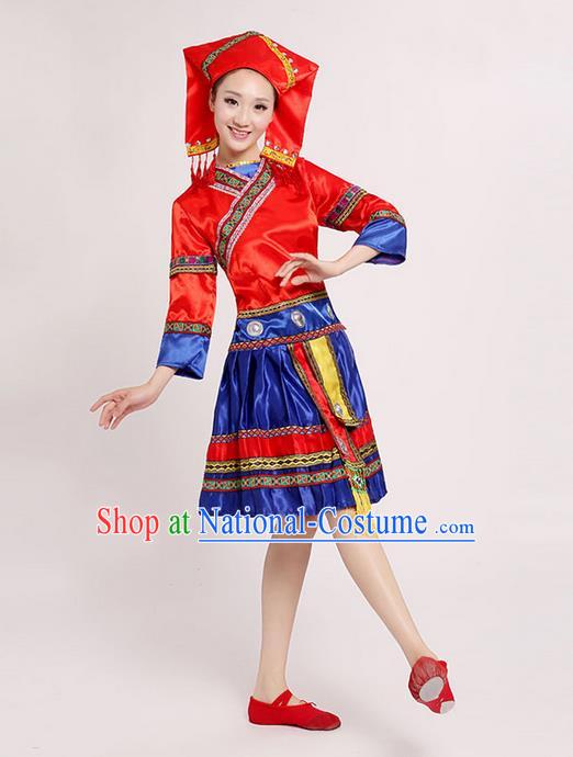 Traditional Chinese Zhuang Nationality Dancing Costume, Zhuang Zu Female Folk Dance Ethnic Pleated Skirt, Chinese Minority Nationality Embroidery Red Dress for Women
