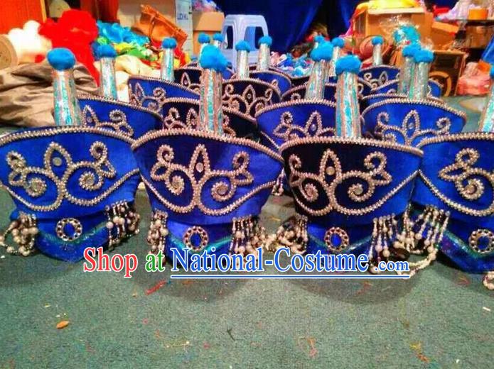 Traditional Chinese Mongol Nationality Dance Headwear, Mongols Folk Dance Hair Accessories, Chinese Mongolian Minority Princess Royalblue Hat for Women