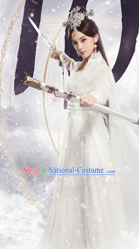 Chinese Ancient Tang Dynasty Peri Saintess Costume and Headwear, Fighter of the Destiny Traditional Chinese Ancient Princess Swordswoman Clothing Complete Set