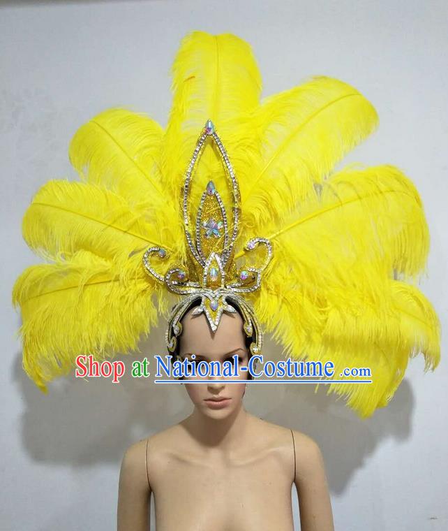 Top Grade Professional Stage Show Giant Headpiece Parade Big Hair Accessories Decorations, Brazilian Rio Carnival Samba Opening Dance Yellow Feather Headdresses for Women