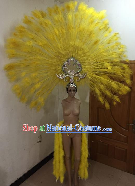 Top Grade Professional Performance Catwalks Costume and Yellow Feather Headwear, Traditional Brazilian Rio Carnival Samba Dance Modern Fancywork Clothing for Women