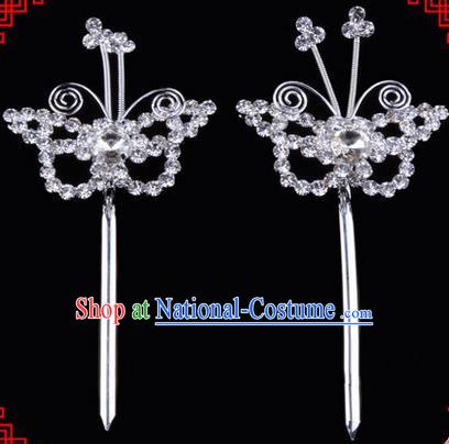 Chinese Ancient Peking Opera Head Accessories Diva White Crystal Hairpins, Traditional Chinese Beijing Opera Princess Hua Tan Butterfly Hair Clasp Head-ornaments