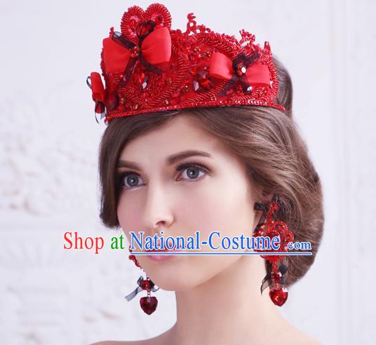 Top Grade Handmade Wedding Hair Accessories Bride Princess Red Crown, Traditional Baroque Queen Retro Crystal Royal Crown Wedding Headwear for Women
