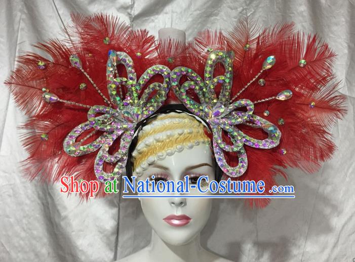 Top Grade Professional Stage Show Catwalks Brazil Crystal Headpiece, Brazilian Rio Carnival Samba Opening Dance Modern Fancywork Red Feather Headwear for Women