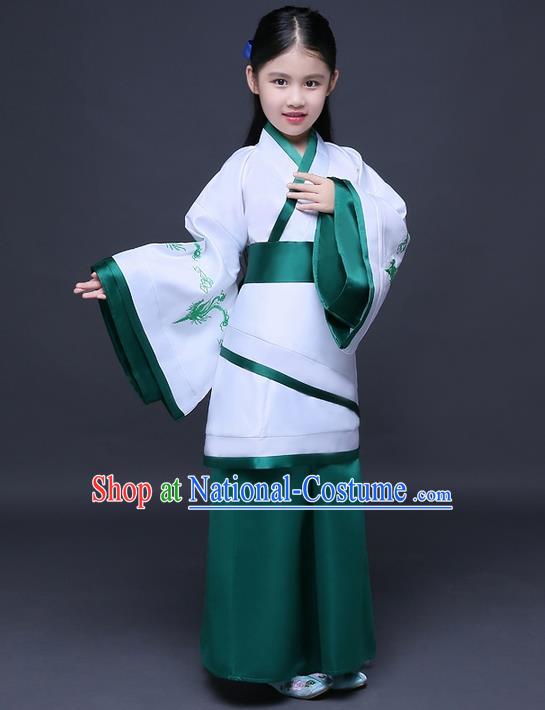 Traditional Ancient Chinese Imperial Princess Printing Phoenix Costume, Children Elegant Hanfu Clothing Chinese Han Dynasty Green Curve Bottom Dress Clothing for Kids