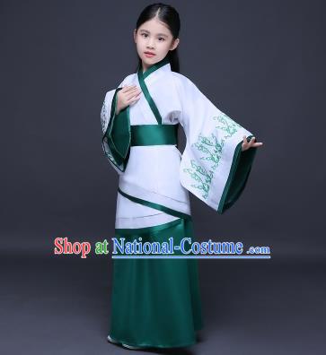 Traditional Ancient Chinese Imperial Princess Fairy Printing Costume, Children Elegant Hanfu Clothing Han Dynasty Green Curve Bottom Dress Clothing for Kids