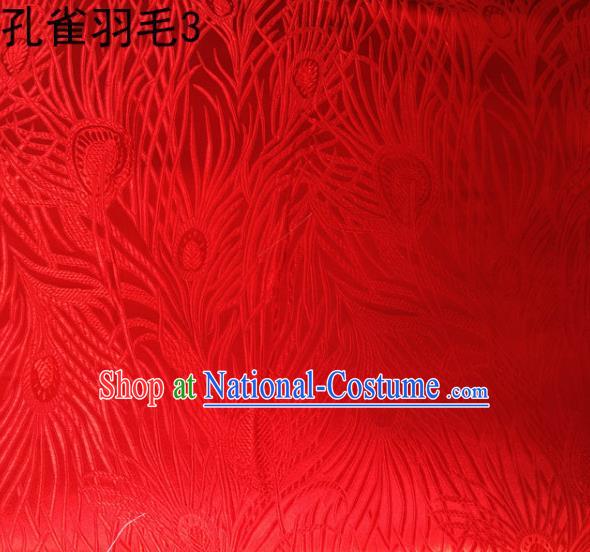 Asian Chinese Traditional Embroidery Peacock Feathers Red Satin Wedding Silk Fabric, Top Grade Brocade Tang Suit Hanfu Dress Fabric Cheongsam Cloth Material