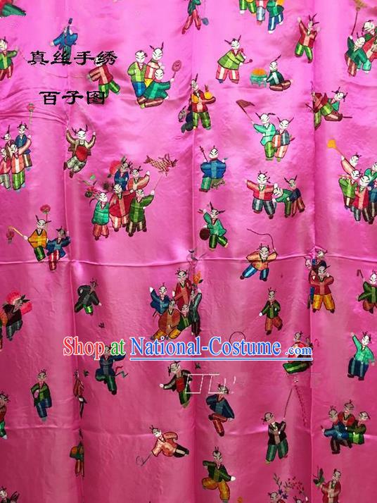 Traditional Asian Chinese Handmade Embroidery Hundred Sons Quilt Cover Silk Tapestry Pink Fabric Drapery, Top Grade Nanjing Brocade Bed Sheet Cloth Material