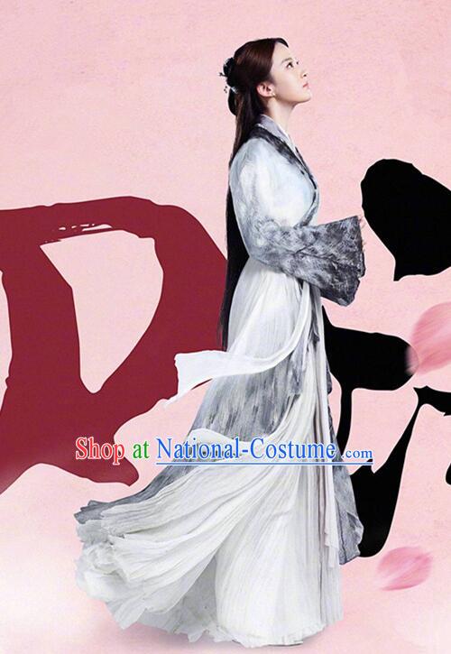 Asian Chinese Traditional Young Lady Costume and Headpiece Complete Set, Films Once Upon a Time China Fairy Bai Qian Dress Clothing for Women