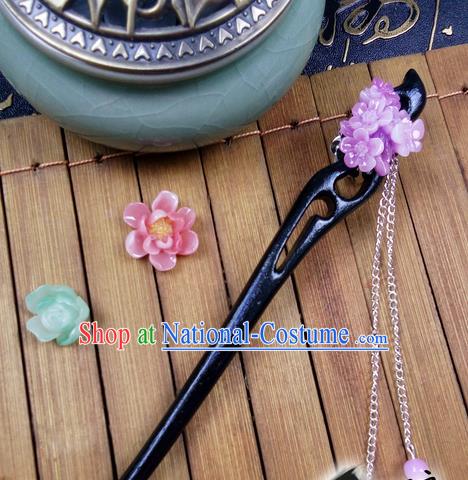 Traditional Handmade Chinese Ancient Classical Hair Accessories Ebony Hairpins, Princess Purple Oriental Cherry Tassel Step Shake Headpiece for Women