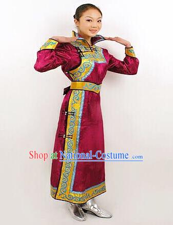 Traditional Chinese Mongol Nationality Dance Costume Bride Purple Mongolian Robe, China Mongolian Minority Nationality Princess Dress Clothing for Women