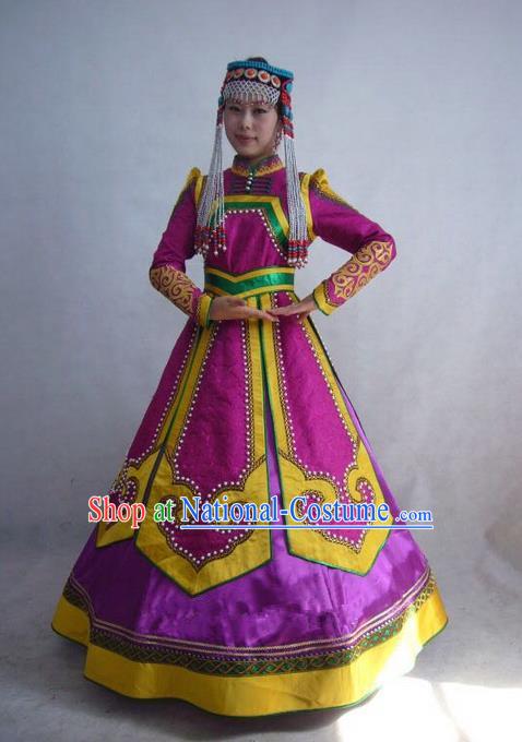 Traditional Chinese Mongol Nationality Dance Costume Handmade Princess Mongolian Robe, China Mongolian Minority Nationality Rosy Dress Clothing for Women