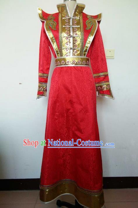 Traditional Chinese Mongol Nationality Dance Costume Handmade Red Wedding Mongolian Robe, China Mongolian Minority Nationality Bride Dress Clothing for Women