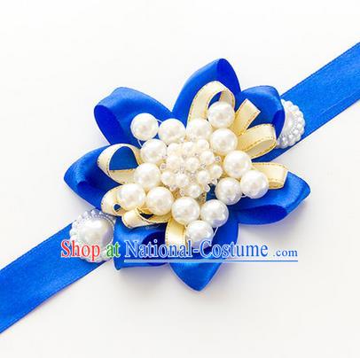 Top Grade Classical Wedding Pearl Blue Ribbon Bangle, Bride Emulational Wrist Flowers Bridesmaid Bracelet Flowers for Women