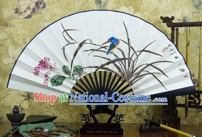 Traditional Chinese Handmade Crafts Ebonize Folding Fan, China Classical Art Paper Sensu Ink Painting Bird Orchid Xuan Paper Purple Fan Hanfu Fans for Men