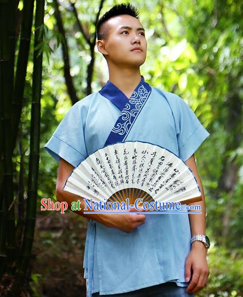Traditional Chinese Han Dynasty Nobility Childe Hanfu Costume Slant Opening Blue Shirt, China Ancient Martial Arts Embroidery Upper Garment Clothing for Men